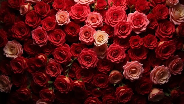 A large bed of red roses with a few scattered peach flowers. A close-up floral background for romance, love, and luxury concepts. Generative Ai.