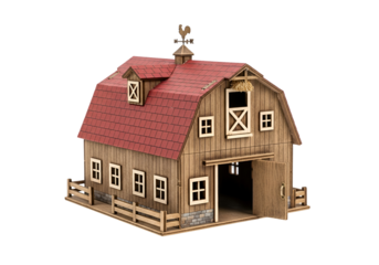 Rustic wooden barnhouse with detailed architecture featuring a chimney and weather vane showing