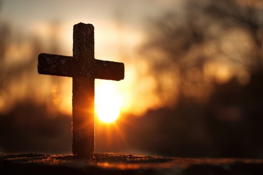 Holy Cross Silhouette Against a Dreamy Sunset Background, Symbolizing Faith and Christianity in the Sky