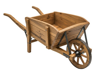 Rustic wooden wheelbarrow with metal frame and large wheel isolated on black background