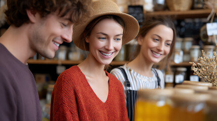 Three friends enjoy browsing products at a market, showcasing happiness and connection in a vibrant shopping atmosphere.