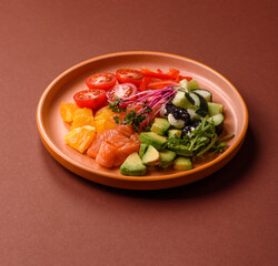 Bowl with salmon pieces, cheese, tomatoes, peppers and avocado. Salmon bowl