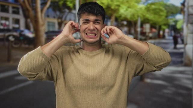 Man shields ears covering street commotion, guy young hispanic urban hands raised against outdoor racket.