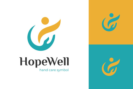 People Care Logo Design with Hand Human Figure Symbol for Hope, Charity, Healthcare and Social Care Organization, Vector Graphic Symbol