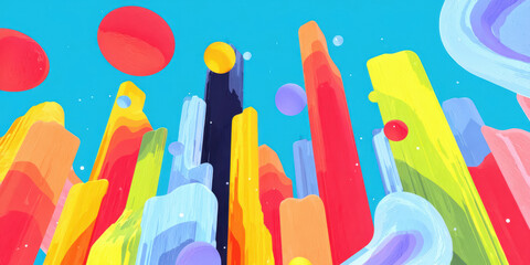 Vibrant abstract cityscape, colorful tall structures against a bright blue sky, ideal for modern design themes and creative projects.