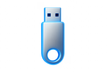 Silver usb flash drive with blue glowing edges on transparent background