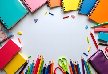 Fototapeta premium top view of school desk with new notebooks, colored pencils, pencil case, and other school supplies, concept of back to school and learning preparation