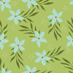 Seamless floral pattern, colorful ditsy print, abstract ornament in retro folk motif. Pretty decorative art botanical design of hand drawn large, small flowers, leaves, wild herbs. Vector illustration