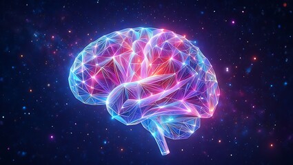 Vibrant glowing digital brain with intricate neural pathways illuminated by colorful lights against a dark starry cosmic background symbolizing intelligence and consciousness