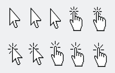 Fototapeta premium Set of computer mouse cursors and hand click icons – pixel arrow pointers, clicking hand symbols, UI/UX design elements, web navigation icons, digital interface graphic resources