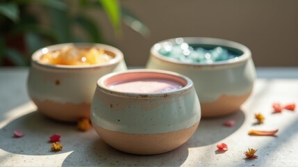 Close-up of hand-painted ceramic jars with pastel glazes and dried flower petals on textured concrete table