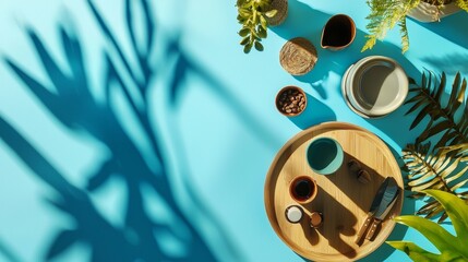 Flatlay beauty products with tropical shadows and bright colors for skincare photography summer branding design exotic minimal lifestyle composition