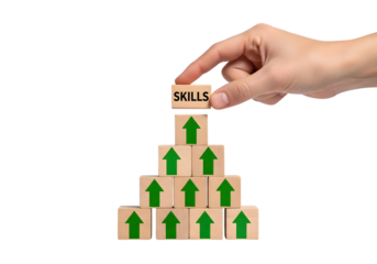 Hand Stacking Wooden Blocks with Green Arrows and Skills Text Representing Growth Cut Out PNG.
