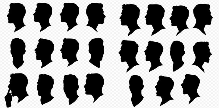 A collection of black vector silhouettes of various male head profiles with different hairstyles.