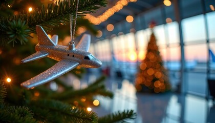 Shiny silver airplane-shaped Christmas ornament on tree branch with glowing airport holiday backdrop. Warm festive bokeh, winter sky, and ample copy space for text or logo.