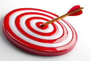 Crimson Arrow Targeting Business Goals: Hitting the Center of Success with a Dartboard Symbol on a White 3D Background