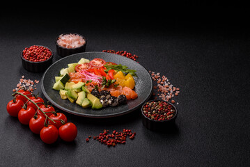Bowl with salmon pieces, cheese, tomatoes, peppers and avocado. Salmon bowl
