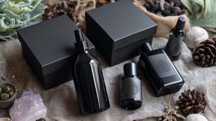 Luxury matte black cosmetic packaging with natural elements for product branding beauty photography minimalist design skincare styling composition