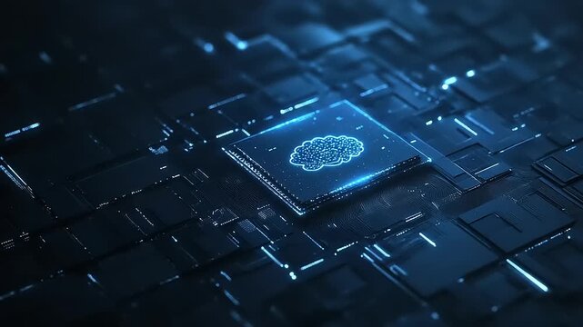 Futuristic artificial intelligence concept with a glowing blue brain symbol on a central processor unit chip set against a dark digital circuit board background