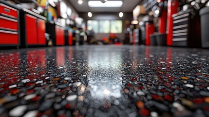 Obraz premium Reflected light on a polished floor with blurred garage background