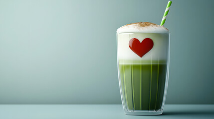 Matcha Green Tea Latte with Heart-Shaped Cream Design in a Glass Cup
