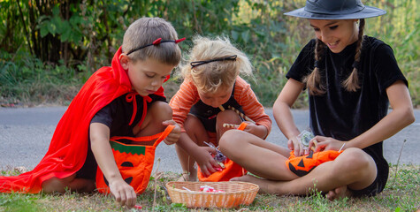 Fototapeta premium Children collecting candy for Halloween. Selective focus