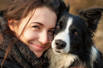 Joyful Woman Embracing Her Border Collie: A Beautiful Outdoor Friendship Moment