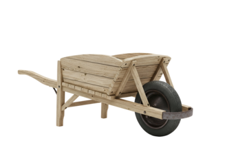 Unique wooden wheelbarrow with a large tire and rustic design for garden or outdoor use