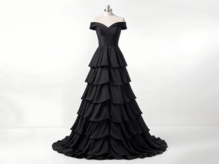 Sophisticated black mermaid gown displayed on mannequin in studio setting. Luxury evening dress featuring elegant silhouette, satin fabric, and glamour detailing ideal for fashion and formal occasions