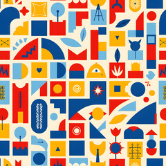 Naklejka premium Abstract Geometric Pattern with Colorful Bauhaus Style Shapes