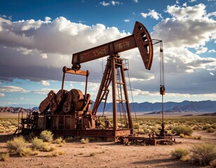 Rusty oil pumpjack in a desert landscape under a cloudy sky.