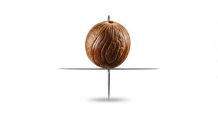 Whole Nutmeg Spice Delicately Suspended by Needles, Showcasing Precision and Balance on a Crisp White Background in a Still Life Composition.