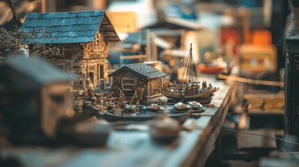Miniature wooden village scene with rustic elements and street models for nostalgic diorama photography vintage decor artistic visual concept