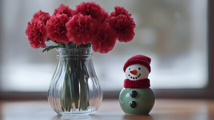 Vase of Red Carnations Beside a Ceramic Snowman Figurine
