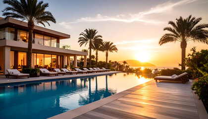 Obraz premium Luxury Villa with Infinity Pool and Palm Trees at Sunset Reflecting Golden Sunlight on Calm Water