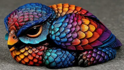 A small, colorful owl figurine, resting on a mottled gray surface