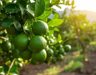 Close-up of fresh green limes growing on a tree branch in a sunny agricultural orchard, ready for harvest.