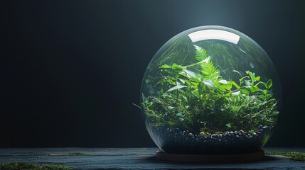 Glass terrarium with green plants inside on dark background for nature photography botanical indoor garden ecosystem visual decor concept calm