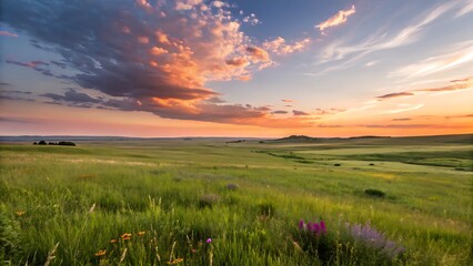 Vibrant Sunset Over Serene Plains: A Landscape Canvas of Golden Skies, Lush Greenery, and Blooming Flowers.