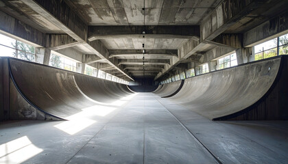Abandoned Concrete Skatepark Interior with Geometric Arches and Harsh Shadows under Bright Sunlight