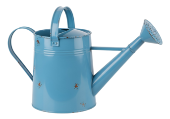 Vintage blue metal watering can with rustic distressed finish on a black background