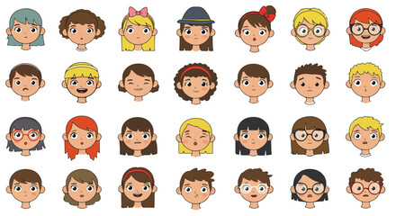 Set of diverse cartoon children faces with various expressions