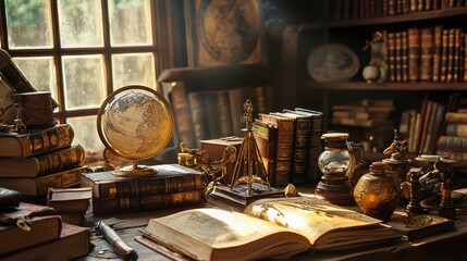 Antique study room with globe books and vintage accessories for history literature photography academic decor intellectual visual retro education scene