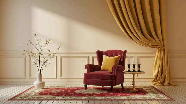 Cozy Reading Nook with Red Armchair and Candles