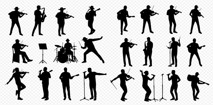 A collection of black silhouettes featuring various musicians playing instruments and singing.