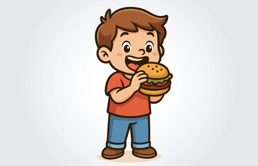Kids Burger Eating  Mascot Cartoon Vector Template