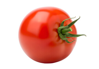 Vivid red ripe tomato with green stem isolated on black background perfect for culinary and food
