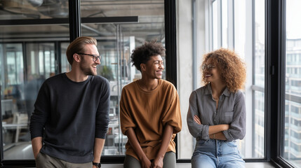 Diverse coworkers having relaxed discussion by window in office