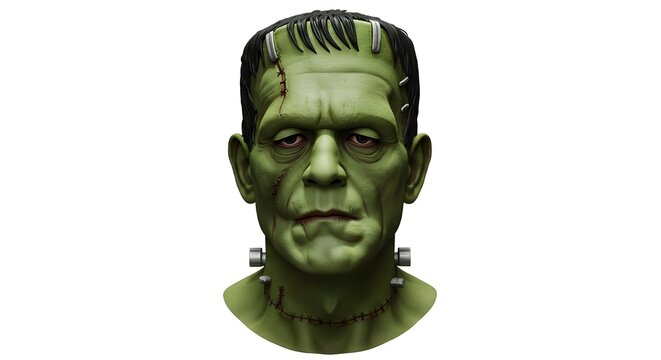 Frankenstein monster bust with green skin and stitches, white background, professional photo.