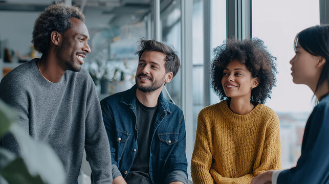 Diverse coworkers having relaxed discussion by window in office